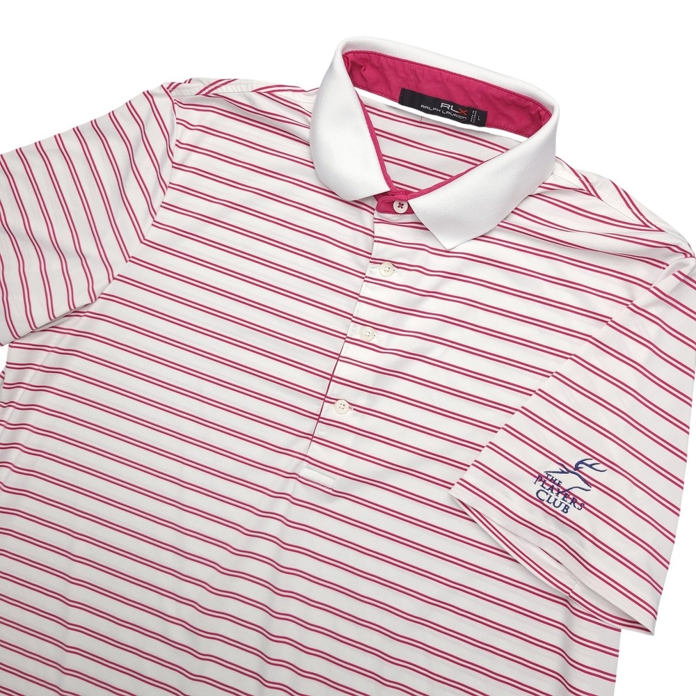 RLX Ralph Lauren Polo Shirt Mens L White Pink Stripe Players Club Golf Top